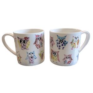 Rose Of England Fine Bone China Colorful Owl 🦉 Coffee Mug Set of 2 3.5” tall